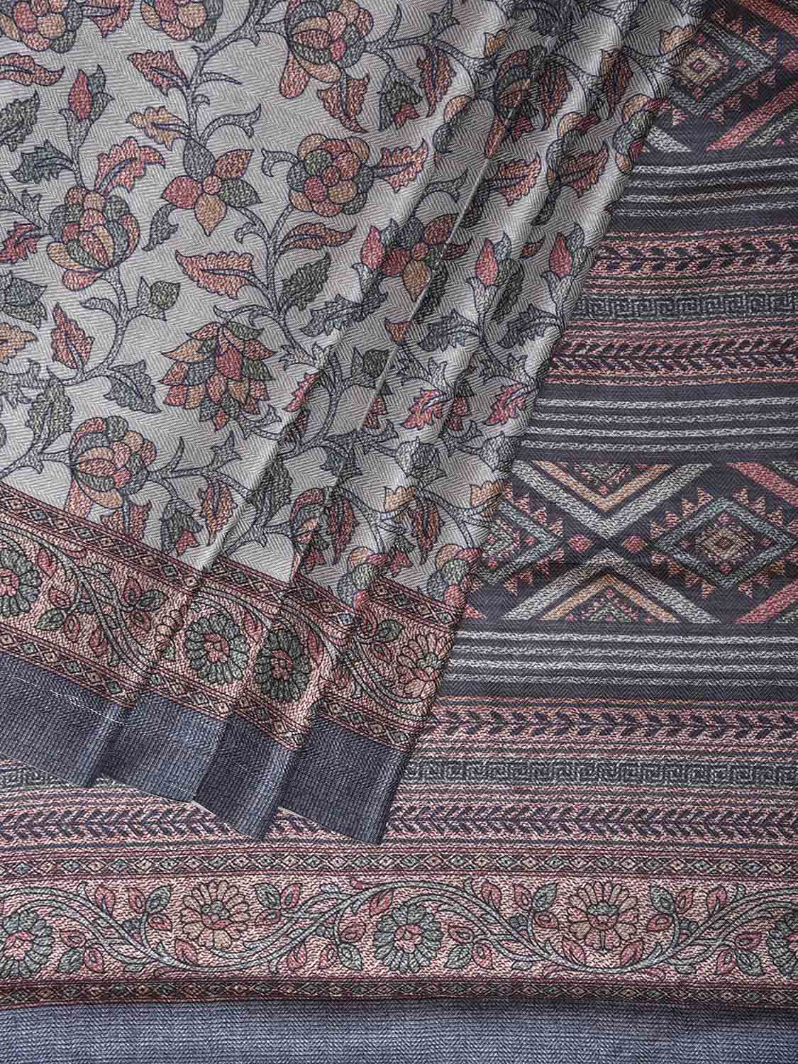 Light Blue Pashmina Print Viscose Saree with Floral Body and Pallu Design o0724