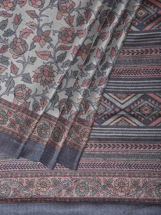 Light Blue Pashmina Print Viscose Saree with Floral Body and Pallu Design o0724