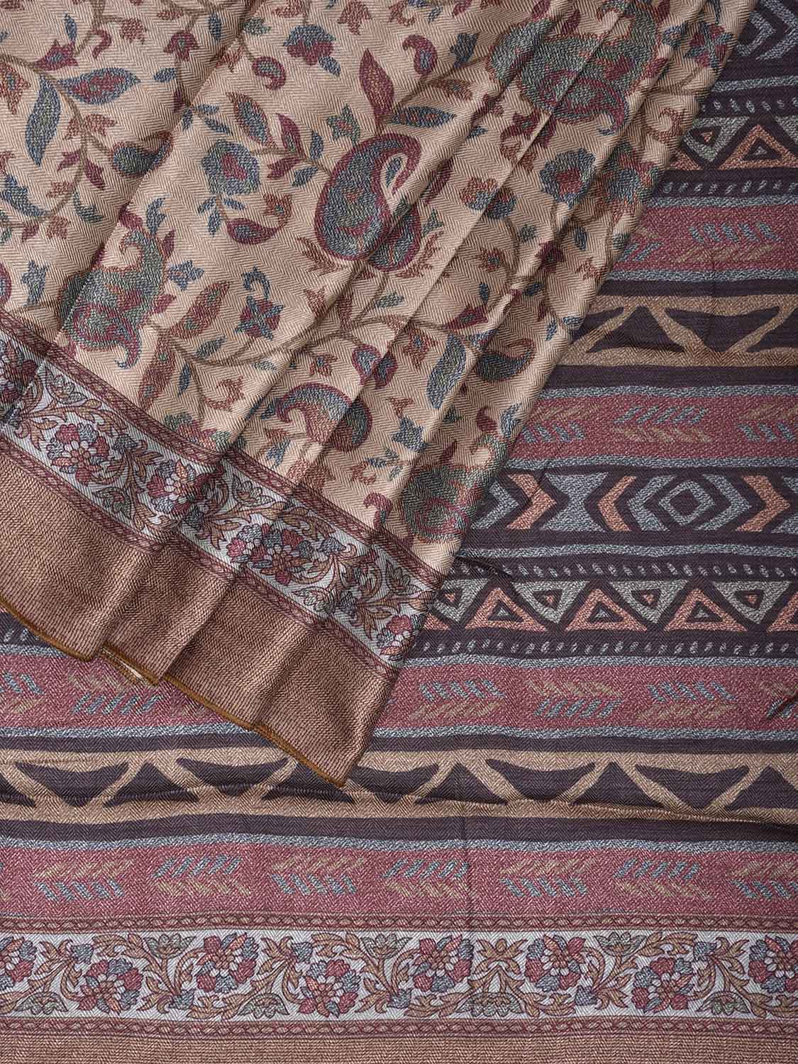 Light Yellow Pashmina Print Viscose Saree with Floral Body and Pallu Design o0725