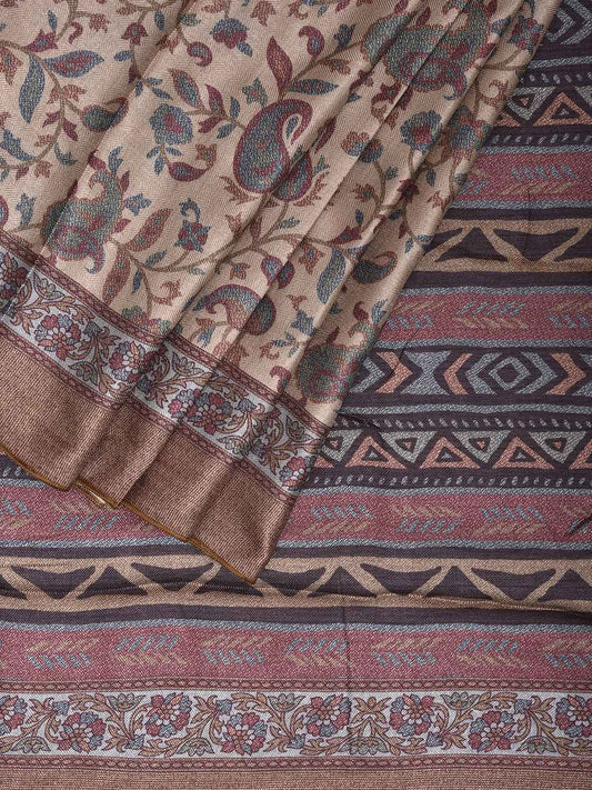 Light Yellow Pashmina Print Viscose Saree with Floral Body and Pallu Design o0725