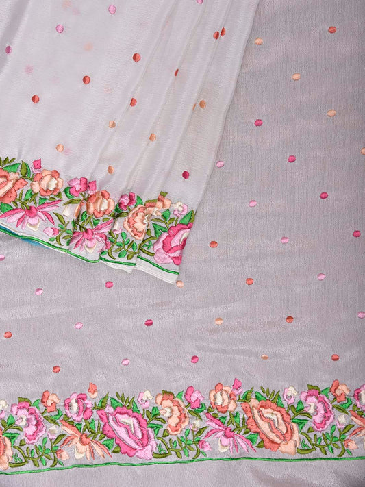 White Parsigara Chiffon Saree with Floral Border Design o0728