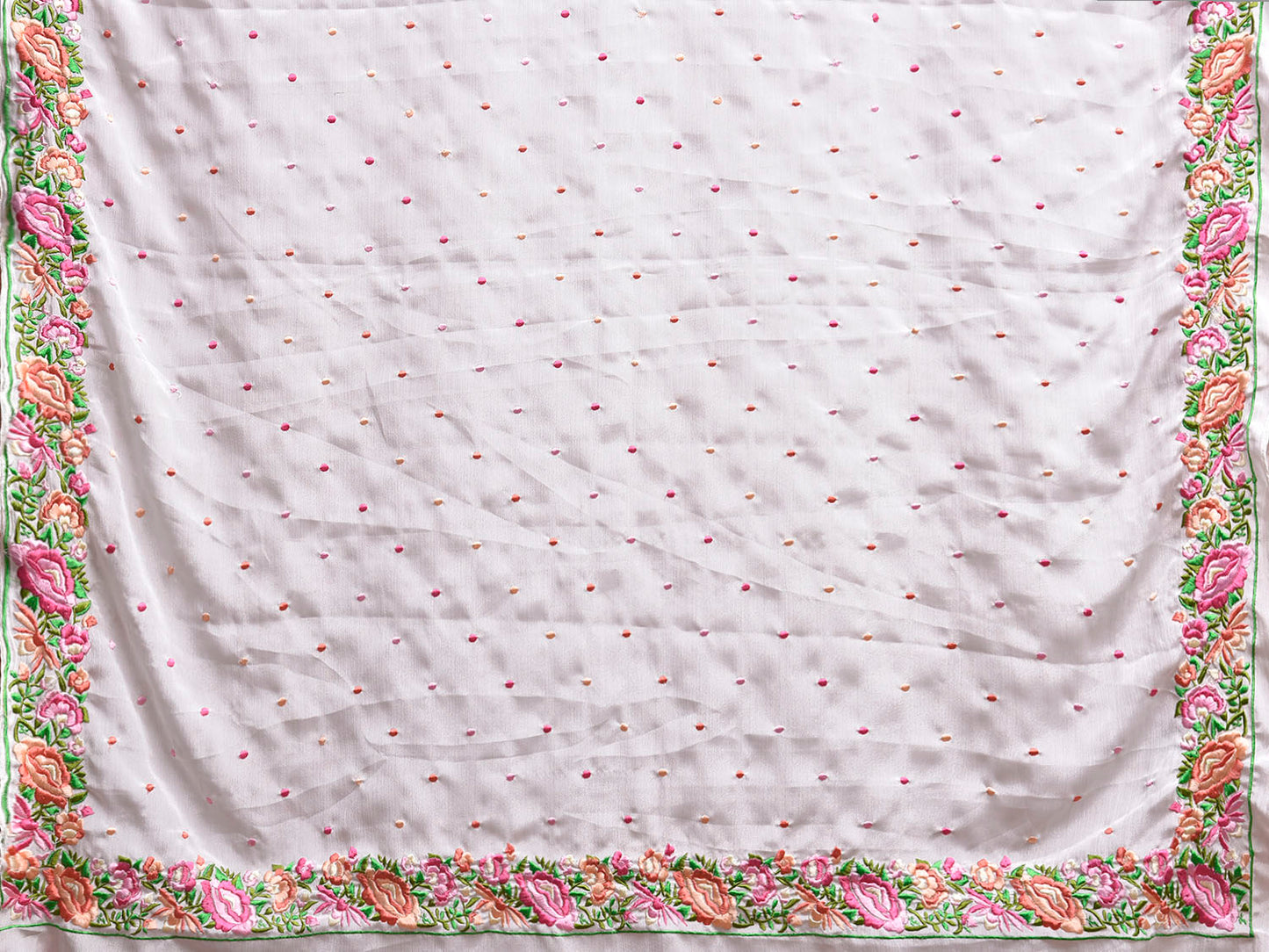 White Parsigara Chiffon Saree with Floral Border Design o0728