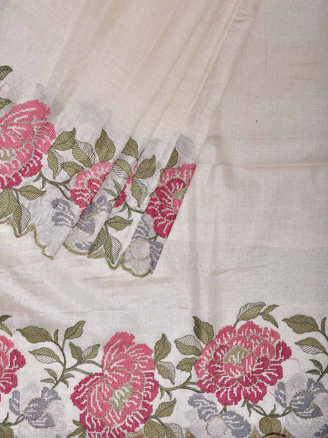 Beige Parsigara Tussar Saree with Floral Border Design o0730