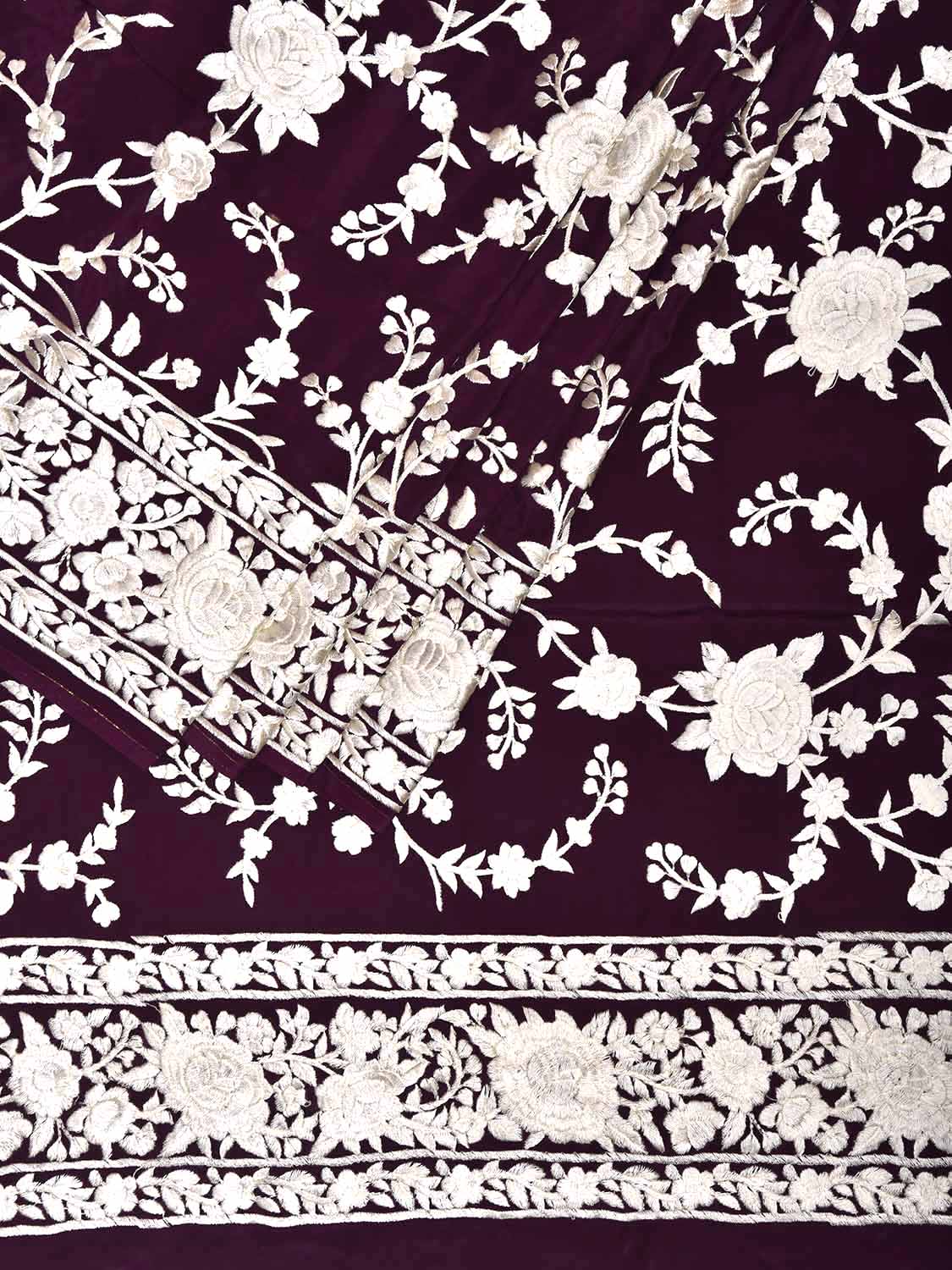 Wine Parsigara Crepe Silk Saree with All Over Floral and Border Design o0731