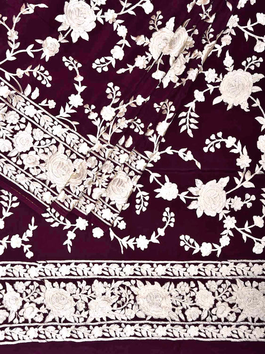 Wine Parsigara Crepe Silk Saree with All Over Floral and Border Design o0731
