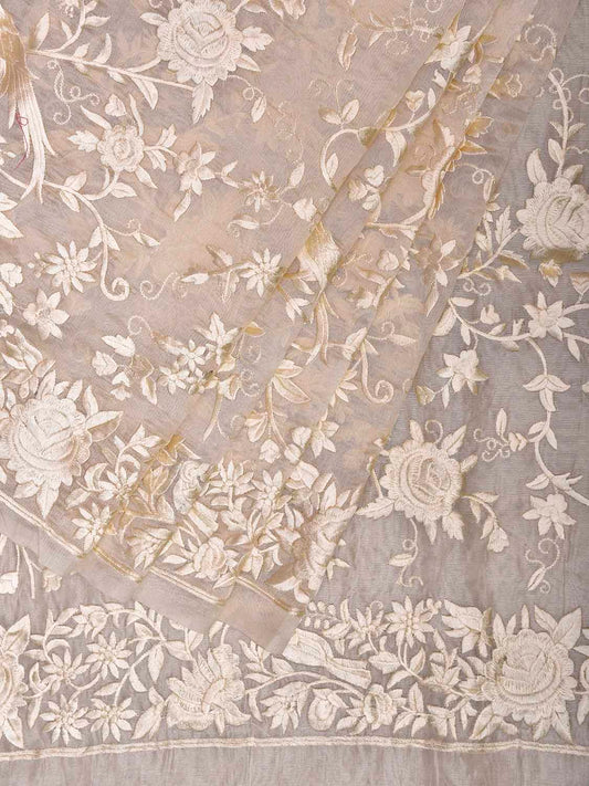 Beige Parsigara Organza Saree with All Over Floral and Border Design o0732