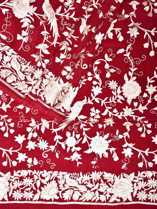 Red Parsigara Crepe Silk Saree with All Over Floral and Border Design o0733