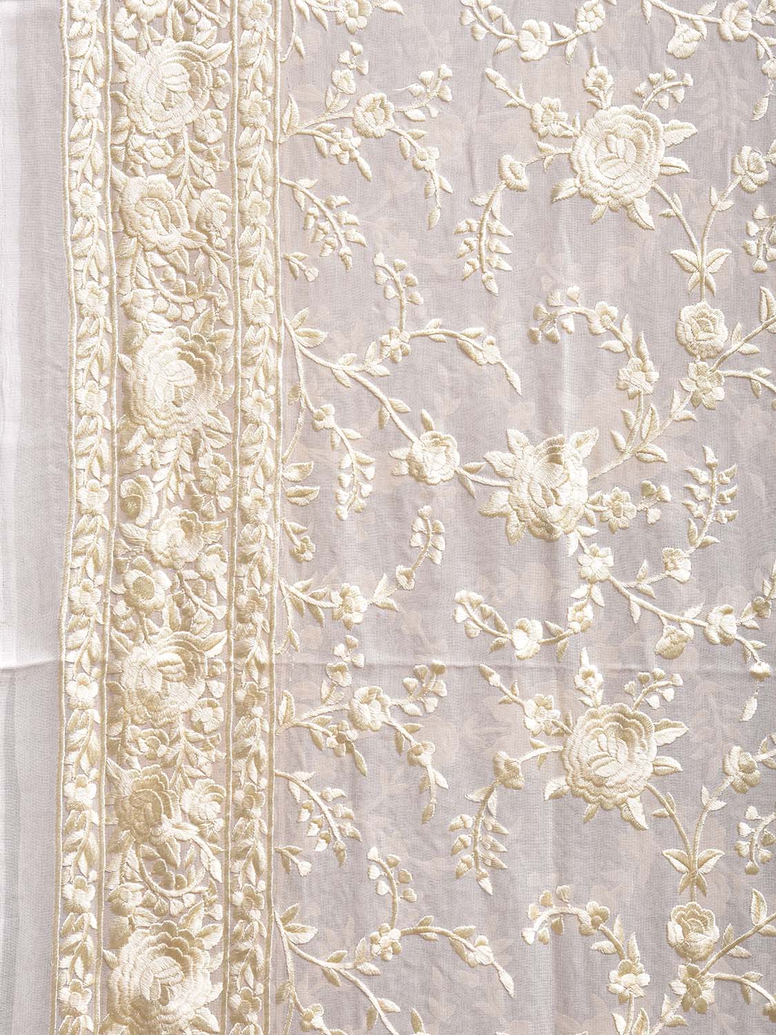 Whie Parsigara Chiffon Saree with All Over Floral and Border Design o0734