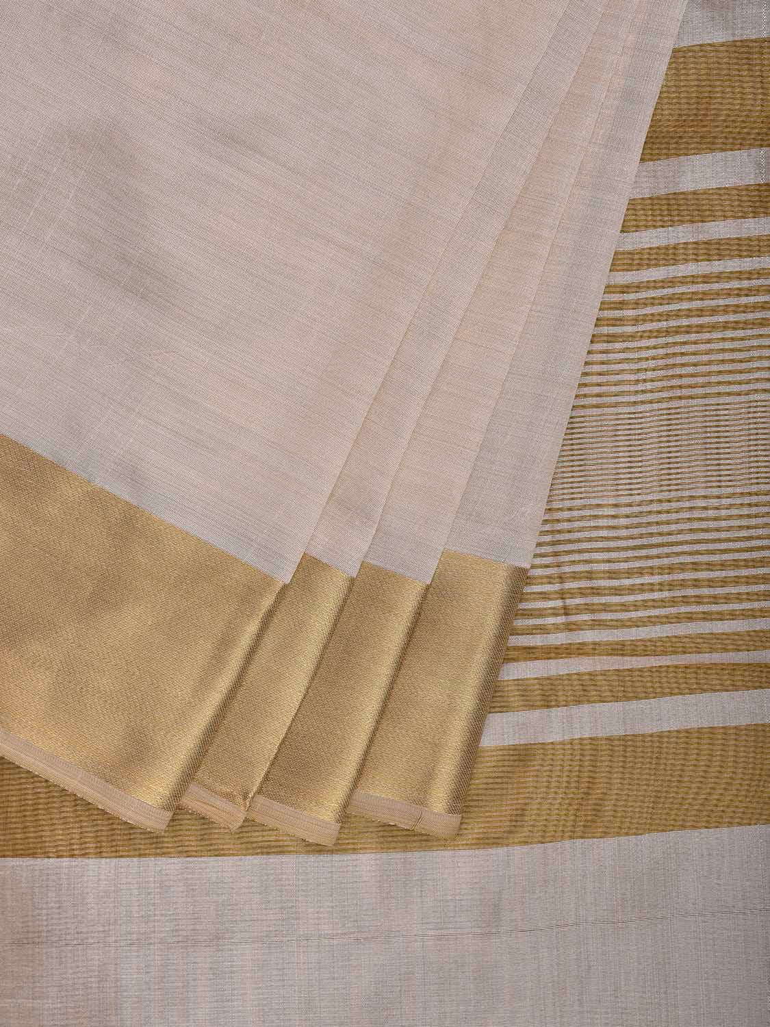 Beige Viscose Silk Plain Saree with Zari Border and Strips Pallu Design o0736