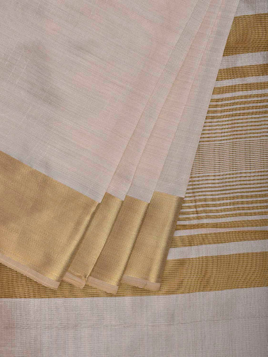 Beige Viscose Silk Plain Saree with Zari Border and Strips Pallu Design o0736