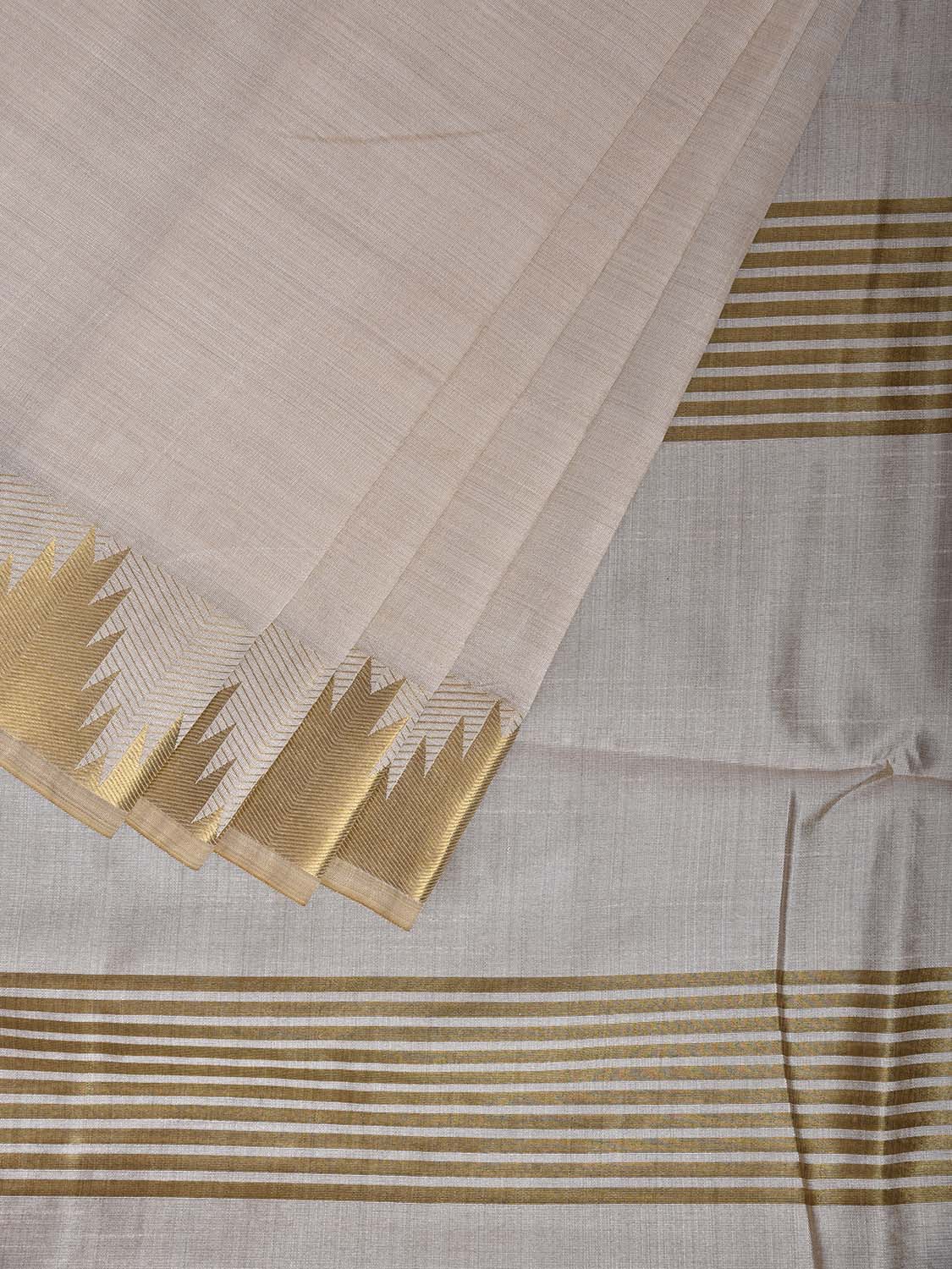 Beige Viscose Silk Plain Saree with Temple Border and Strips Pallu Design o0737
