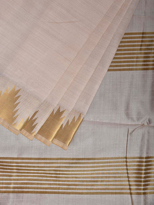 Beige Viscose Silk Plain Saree with Temple Border and Strips Pallu Design o0737