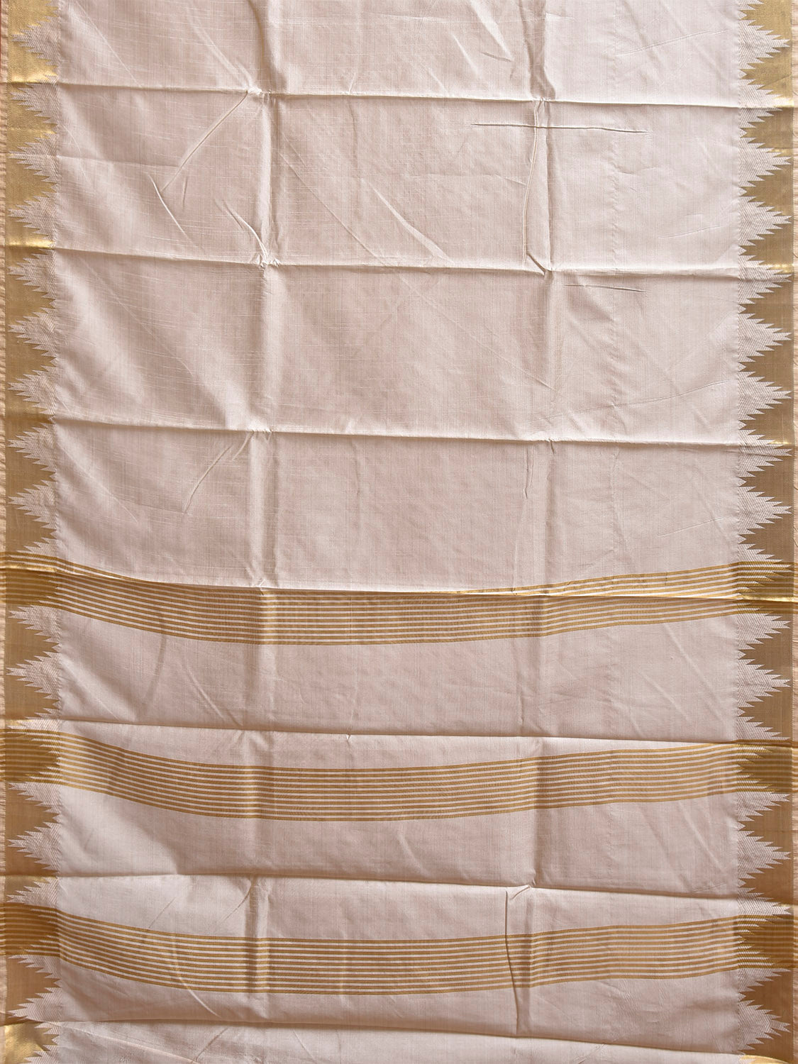 Beige Viscose Silk Plain Saree with Temple Border and Strips Pallu Design o0737