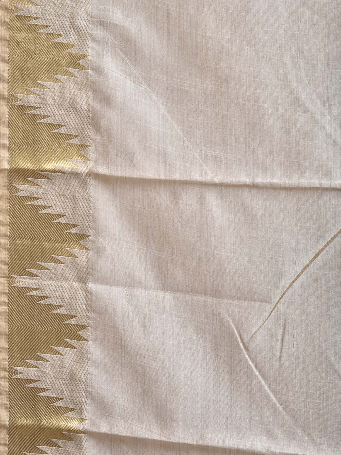 Beige Viscose Silk Plain Saree with Temple Border and Strips Pallu Design o0737