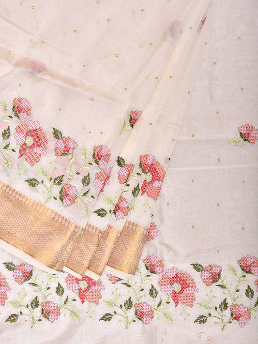 White Embroiday Cotton Viscose Saree with Petit Floral Design o0740