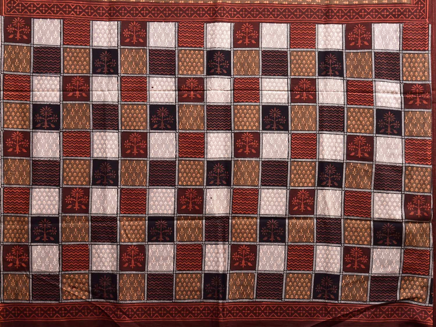 Multicolor Ajrak Print Cotton Saree with Checks Pallu Design No Blouse o0741