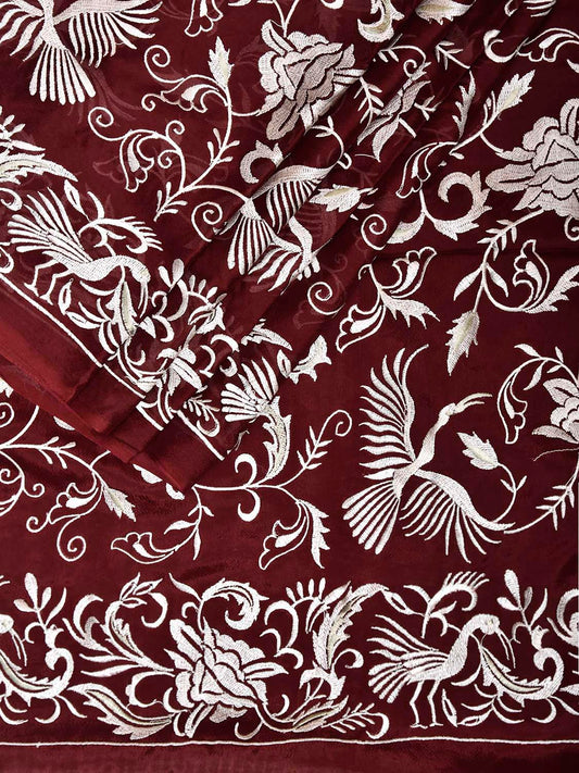 Maroon Parsigara Crepe Saree with All Over Birds and Border Design o0745