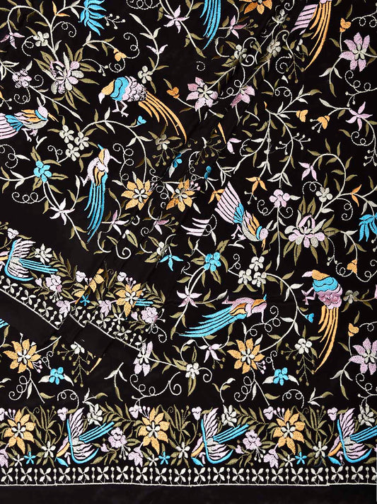 Black Parsigara Crepe Saree with All Over Birds and Border Design o0746