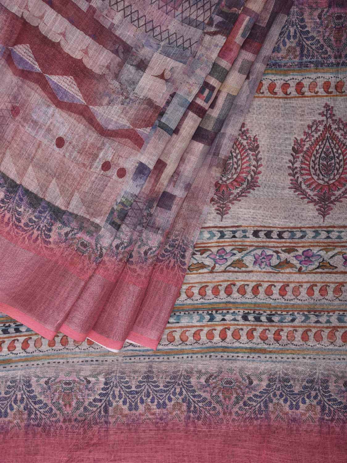 Multicolor Digital Print Linen Blend Saree with Abstract and Pallu Design o0747