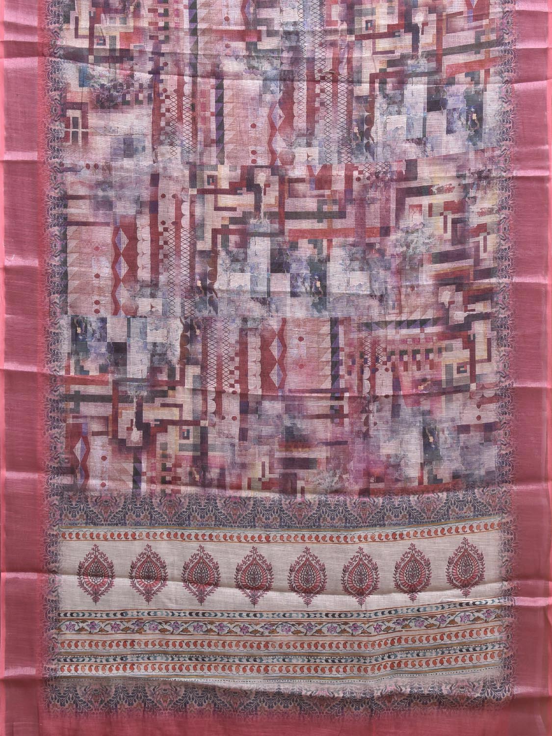 Multicolor Digital Print Linen Blend Saree with Abstract and Pallu Design o0747
