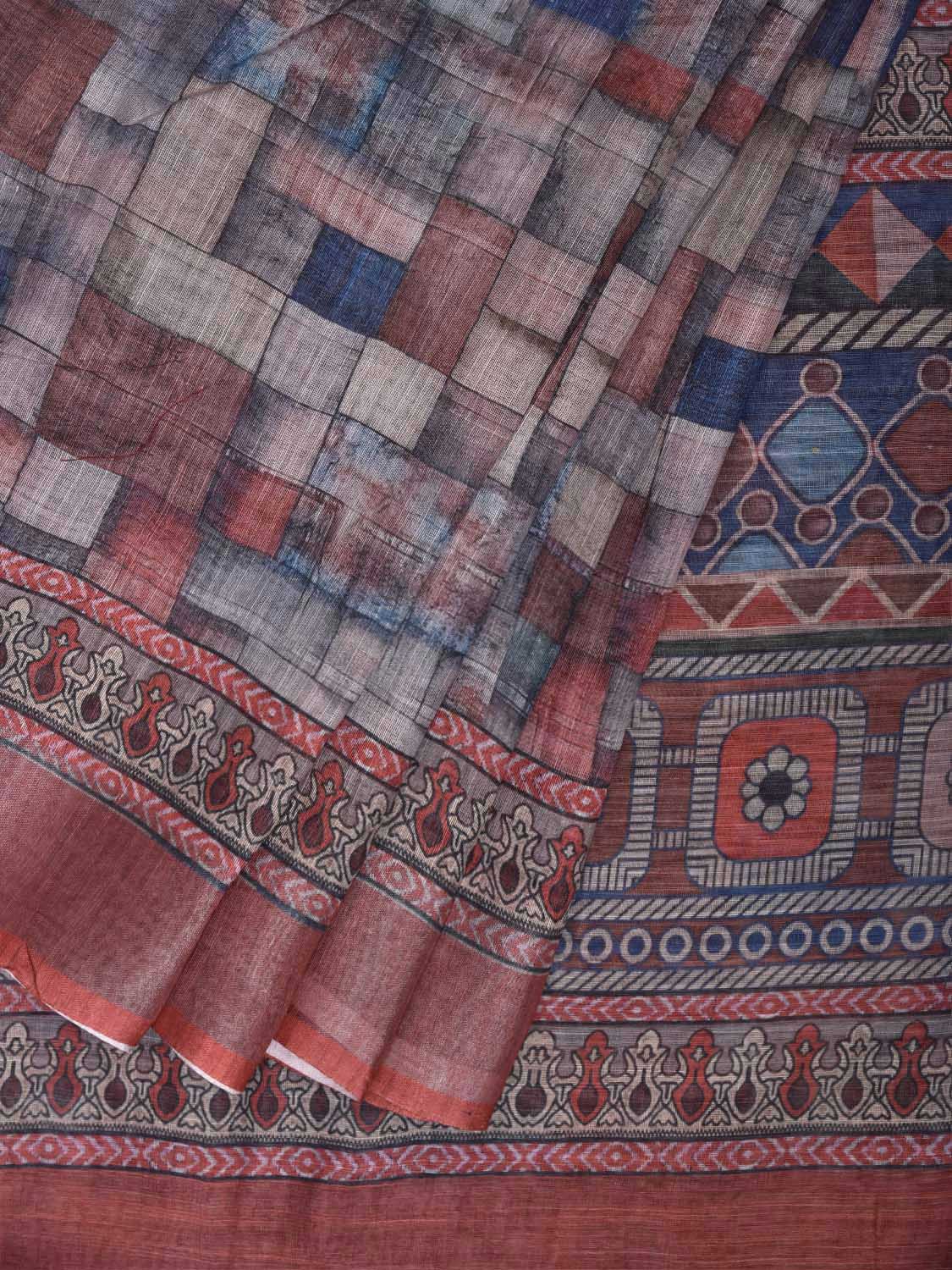 Multicolor Digital Print Linen Blend Saree with Abstract and Pallu Design o0748