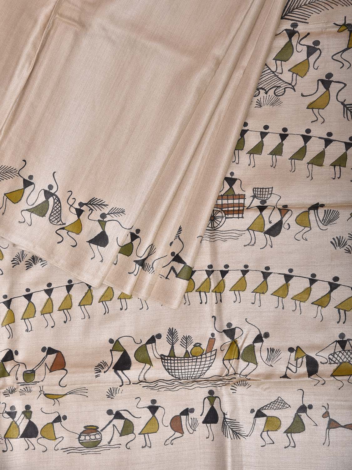 Cream Warli Print Tussar Saree with Pallu and Border Design o0752