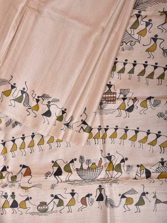 Cream Warli Print Tussar Saree with Pallu and Border Design o0752