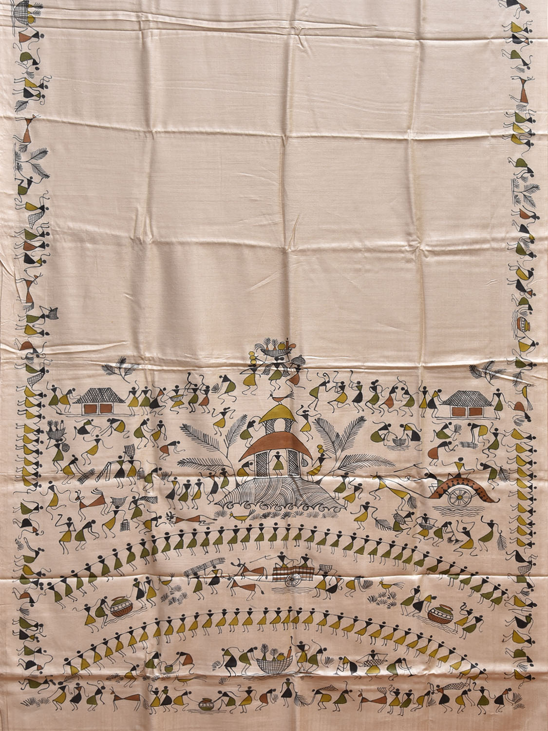 Cream Warli Print Tussar Saree with Pallu and Border Design o0752