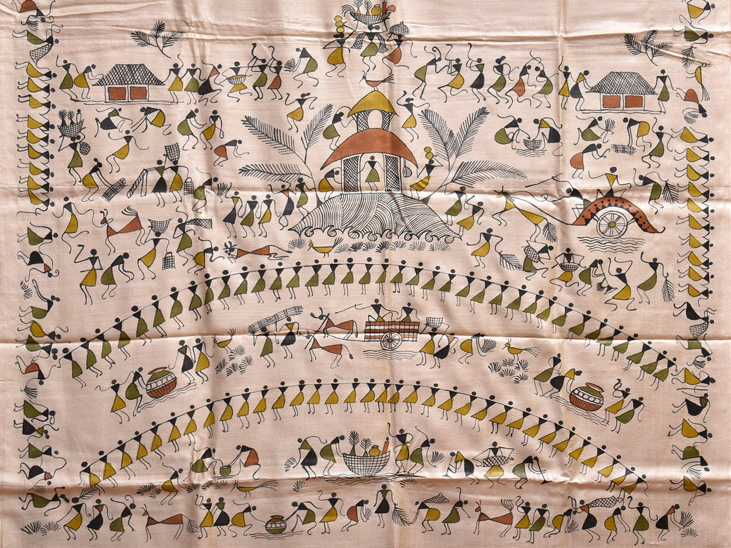 Cream Warli Print Tussar Saree with Pallu and Border Design o0752