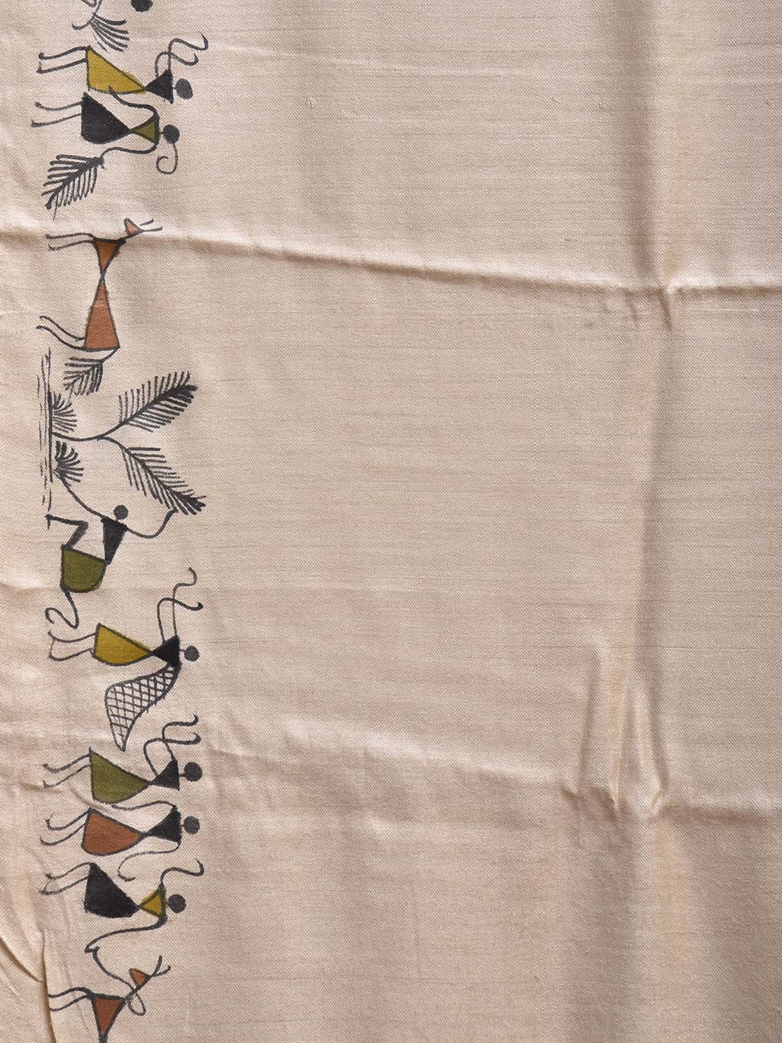 Cream Warli Print Tussar Saree with Pallu and Border Design o0752