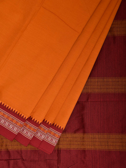 Orange and Maroon Cotton Viscose Plain Saree with Strips Pallu Design No Blouse o0754