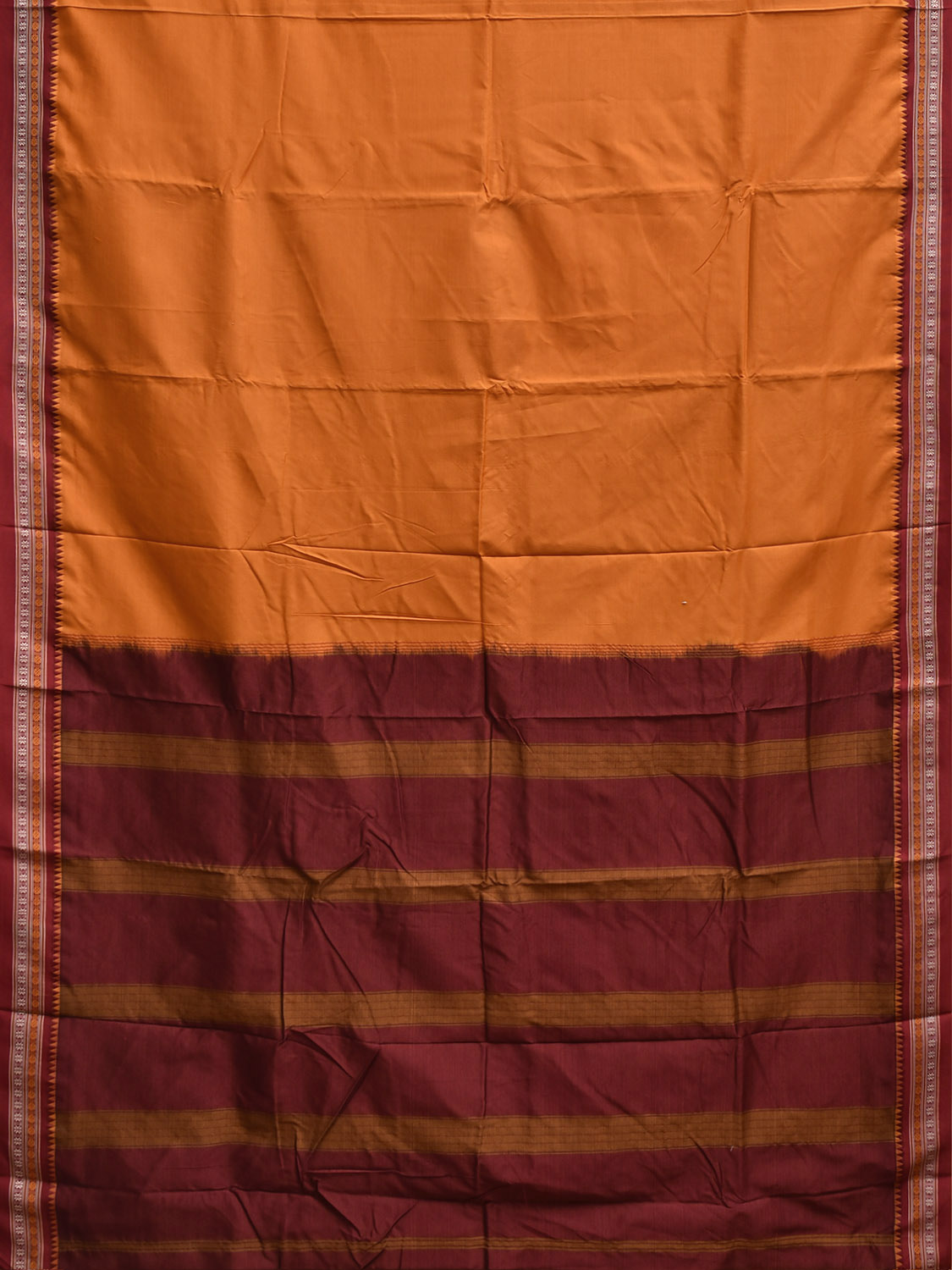 Orange and Maroon Cotton Viscose Plain Saree with Strips Pallu Design No Blouse o0754