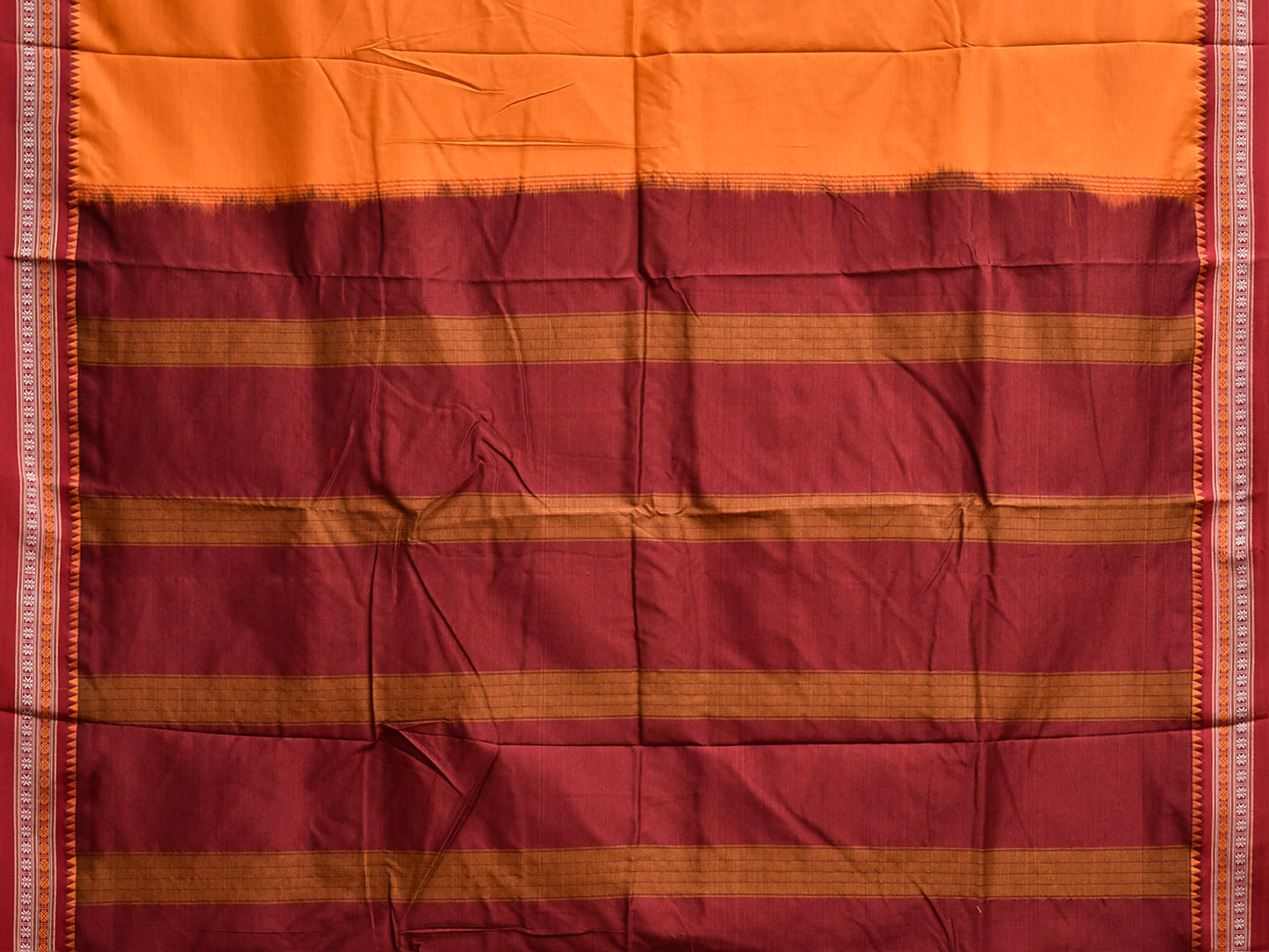 Orange and Maroon Cotton Viscose Plain Saree with Strips Pallu Design No Blouse o0754