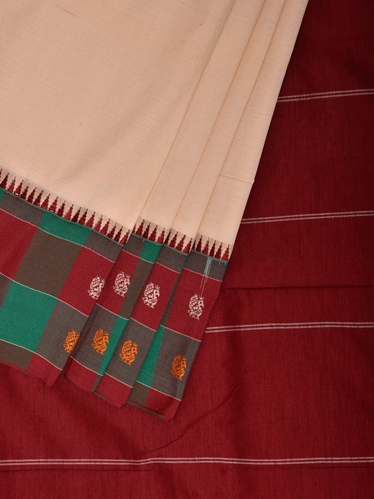 Cream and Maroon Cotton Viscose Plain Saree with Checks Border Design o0755