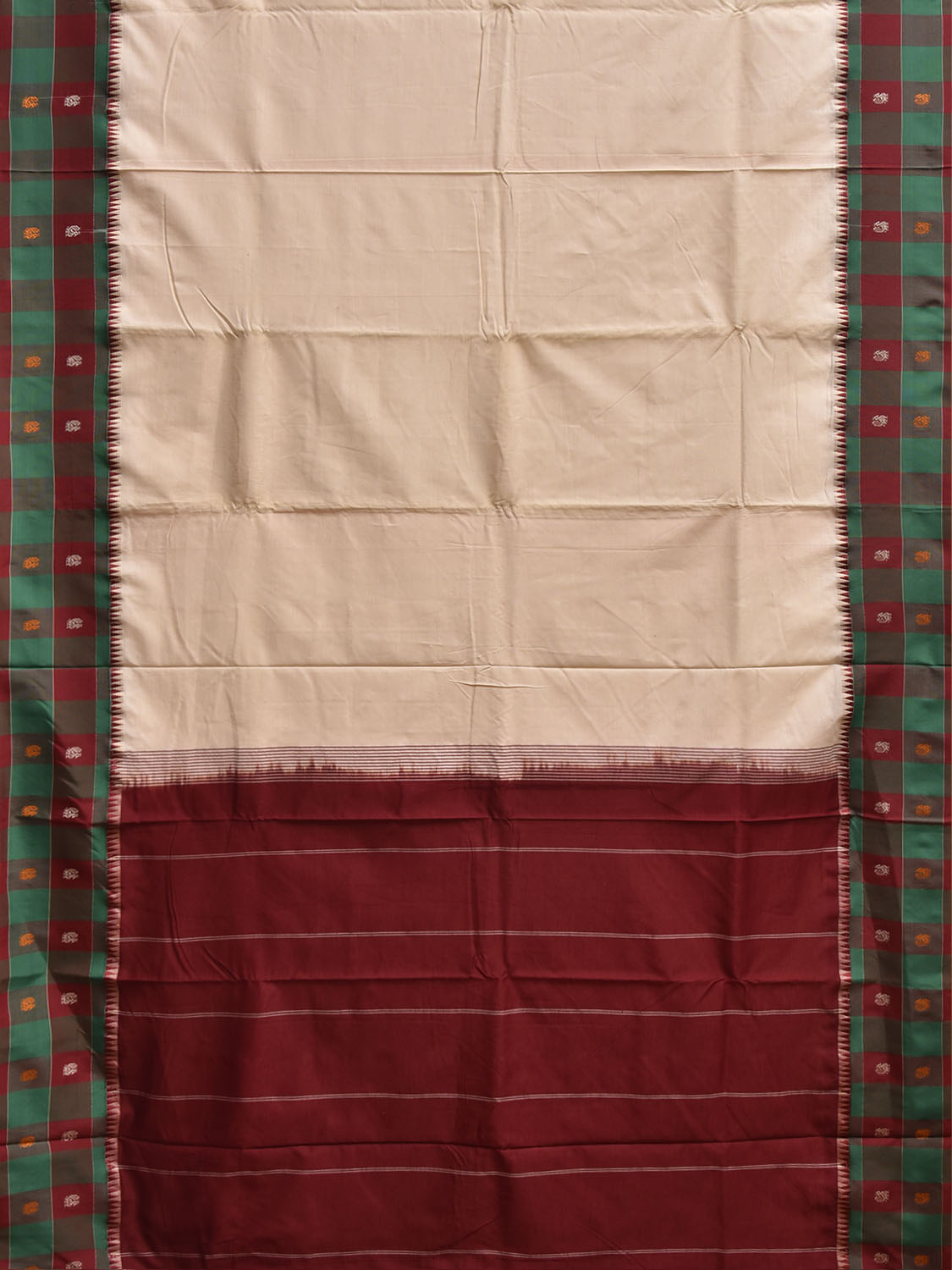 Cream and Maroon Cotton Viscose Plain Saree with Checks Border Design o0755
