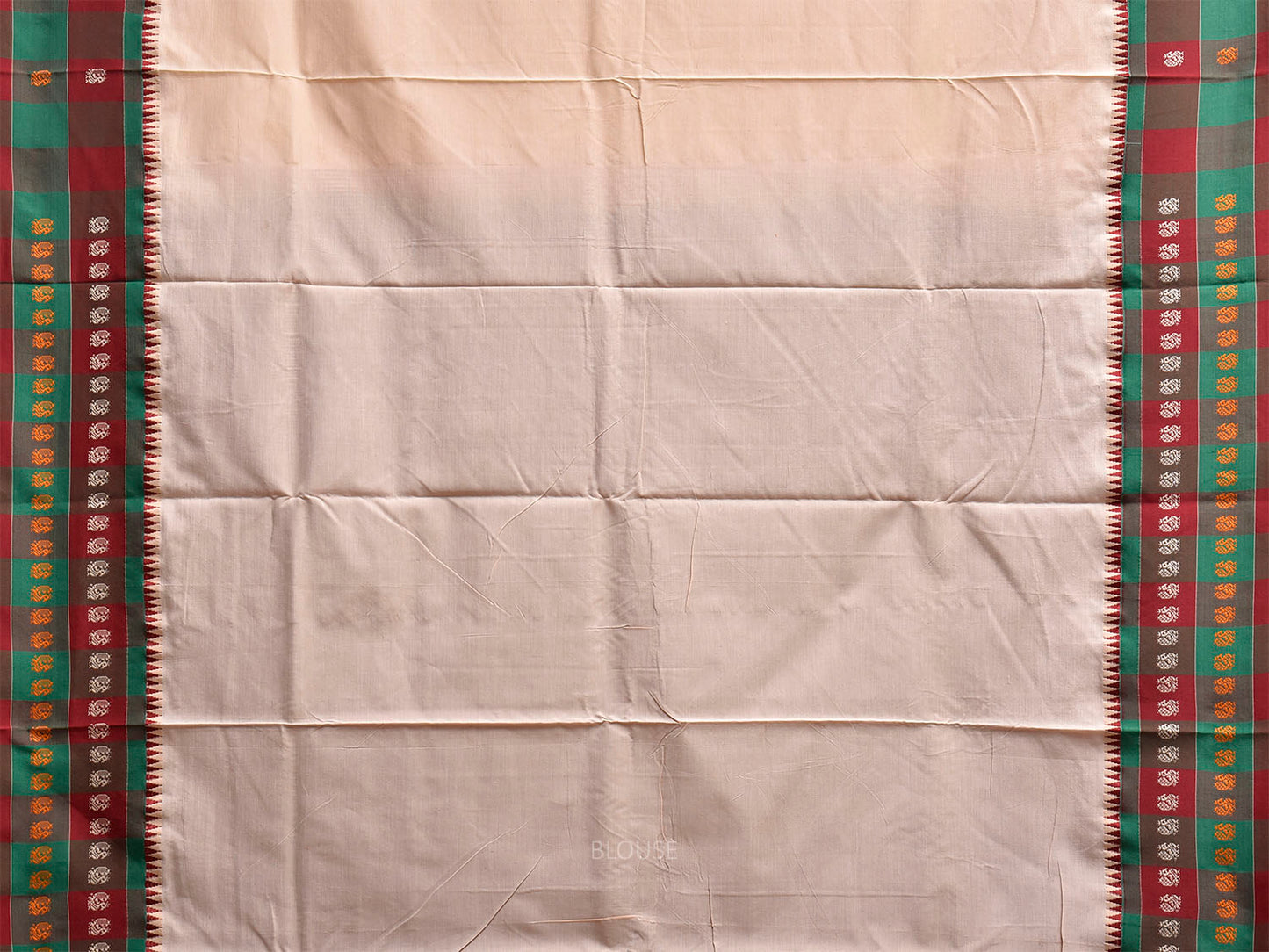 Cream and Maroon Cotton Viscose Plain Saree with Checks Border Design o0755