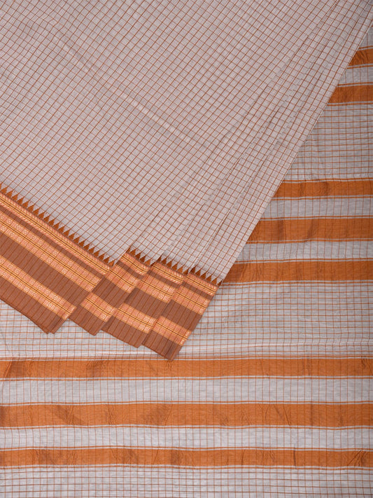 Off White Bamboo Cotton Plain Saree with Checks Design No Blouse bc0801