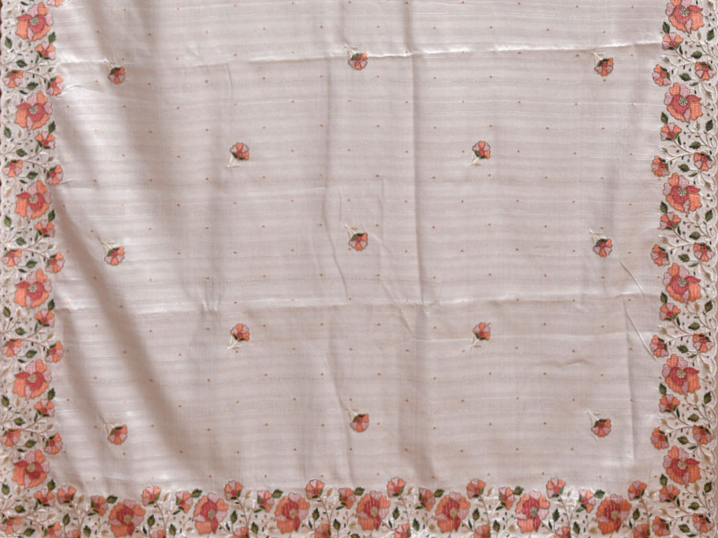 Off White Blended Tussar Saree with Petit Embroidary & Silver Foil Floral Border Design o0676