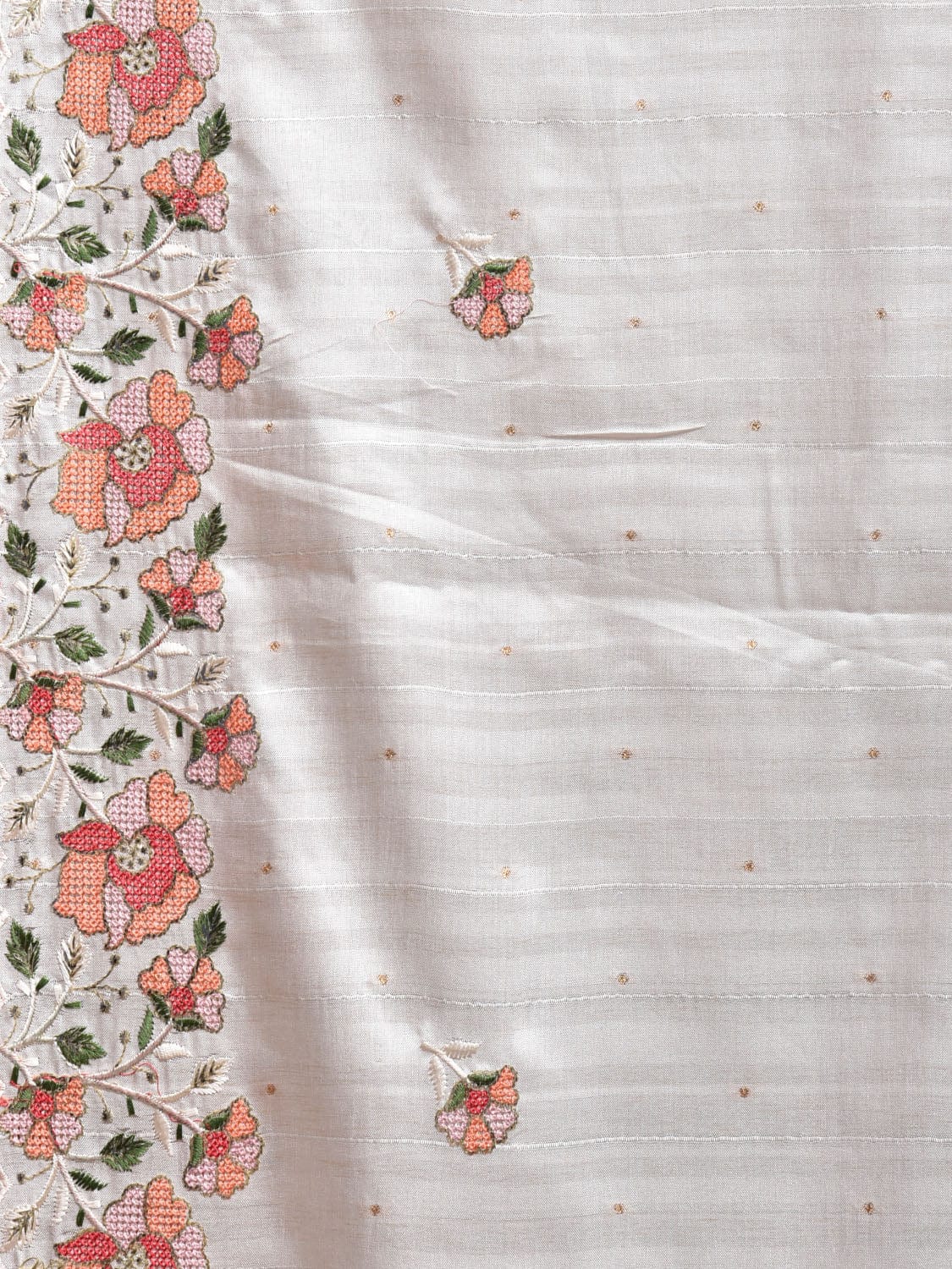 Off White Blended Tussar Saree with Petit Embroidary & Silver Foil Floral Border Design o0676