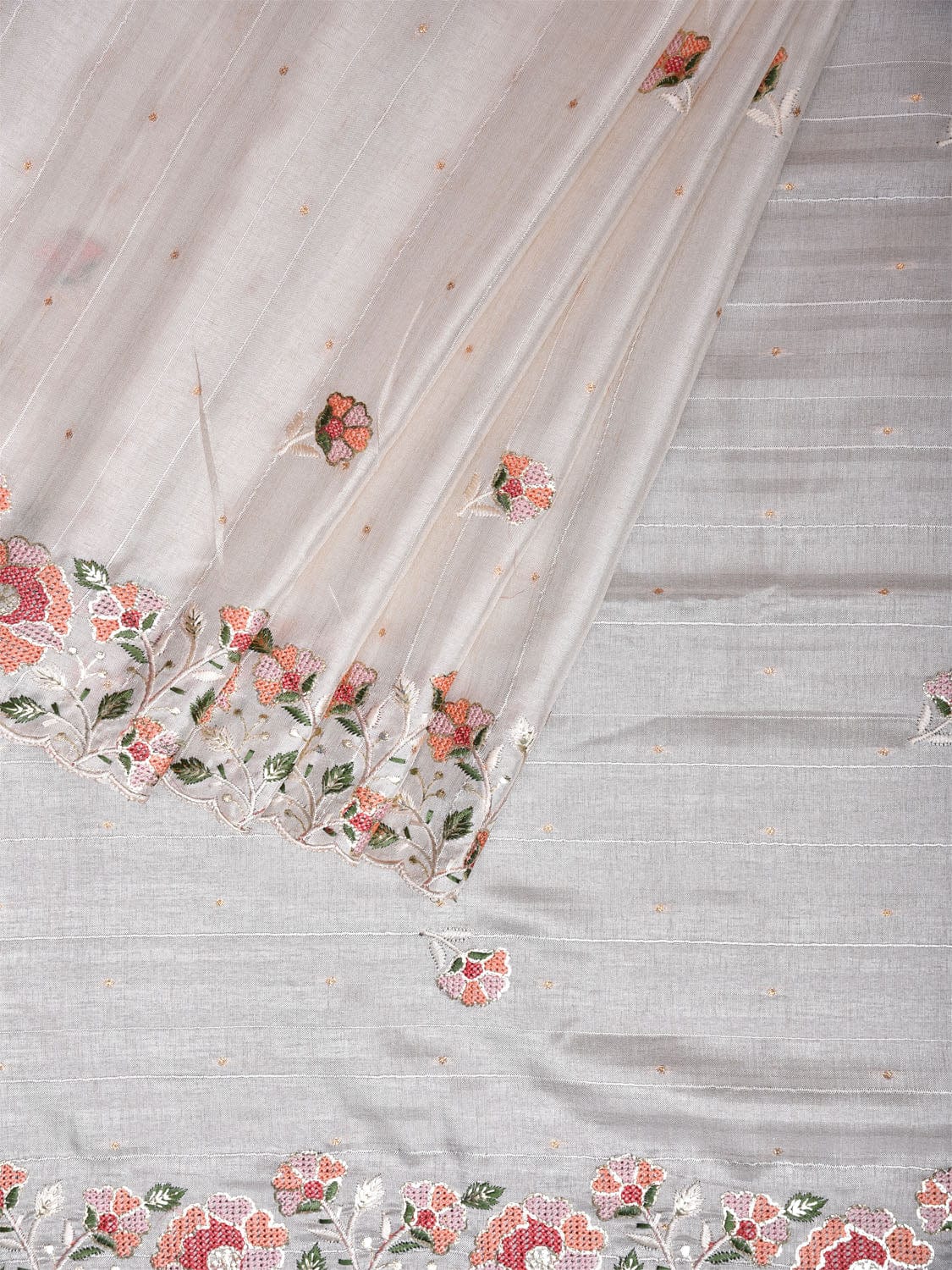 Off White Blended Tussar Saree with Petit Embroidary & Silver Foil Floral Border Design o0676