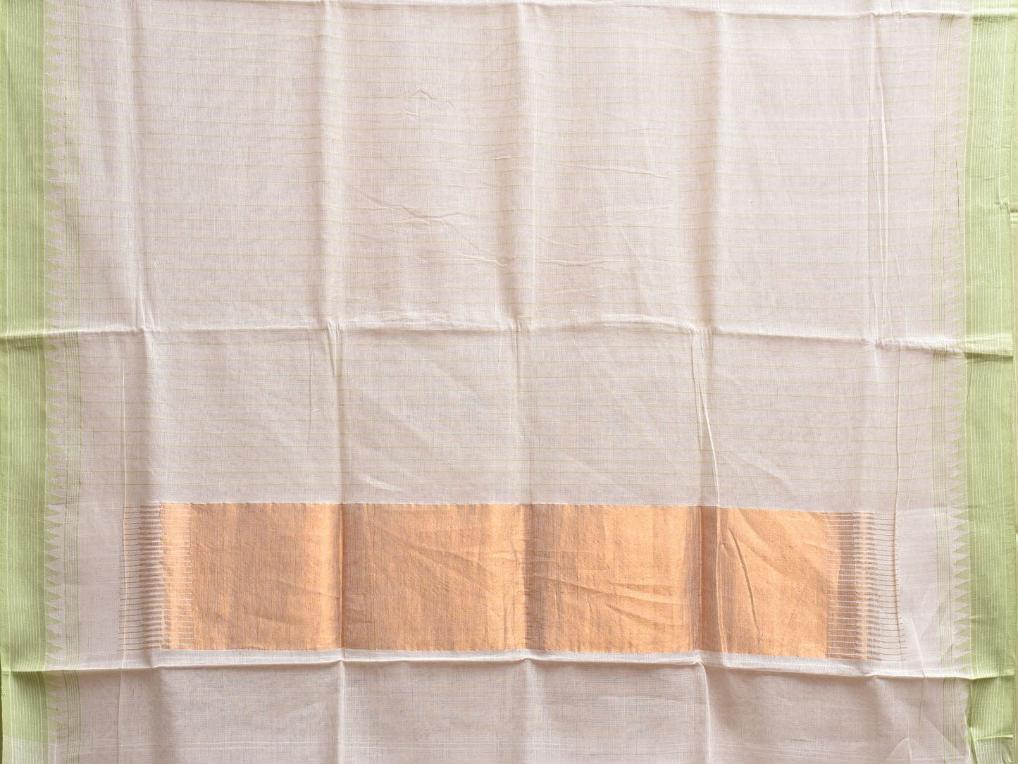 Off White Khadi Cotton Handloom Saree with Strips and Temple Border Design kh0715