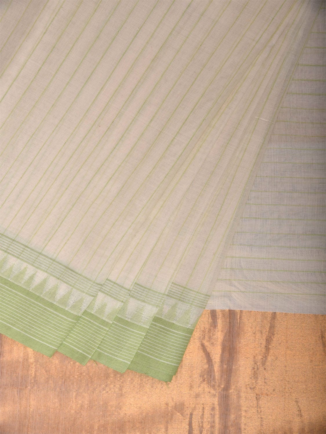 Off White Khadi Cotton Handloom Saree with Strips and Temple Border Design kh0715