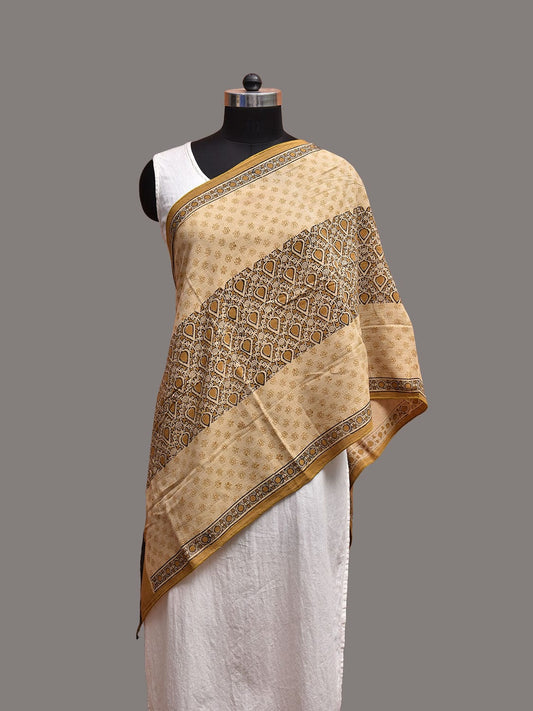Olive and Black Kalamkari Block Print Cotton Silk Stole with Grill Design ds3728