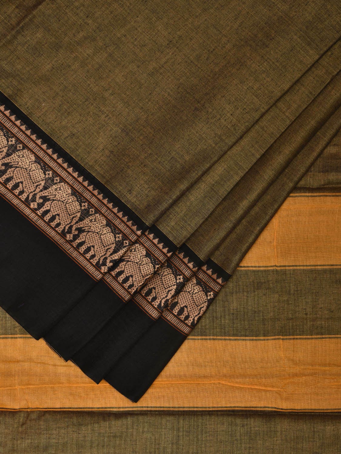Olive and Black Narayanpet Cotton Saree with Elephant Border Design No Blouse np0893