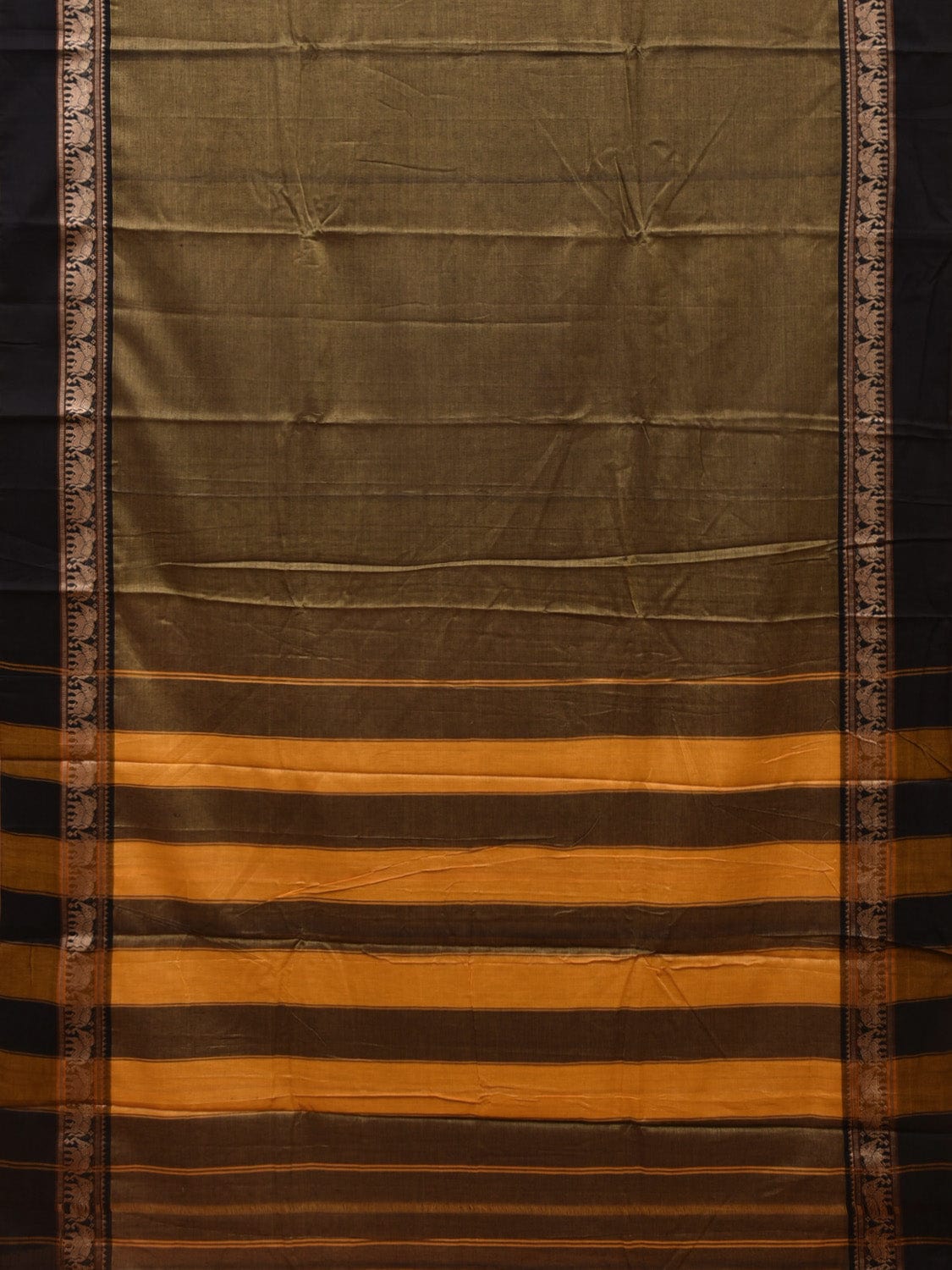 Olive and Black Narayanpet Cotton Saree with Elephant Border Design No Blouse np0893