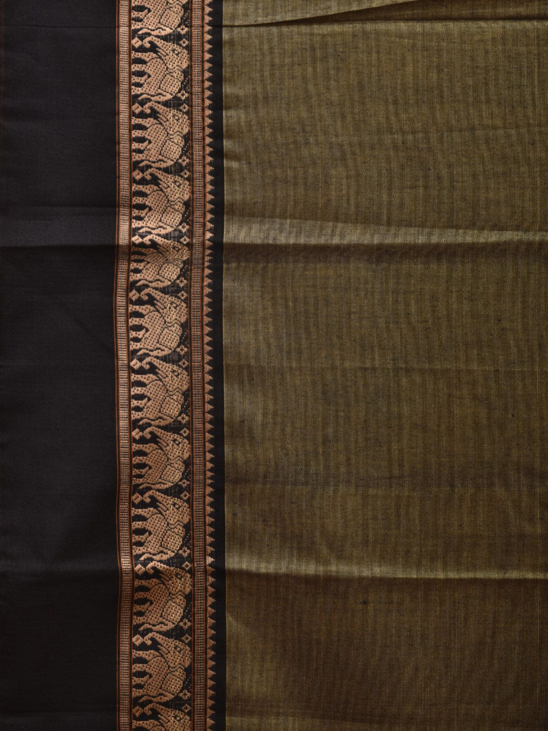 Olive and Black Narayanpet Cotton Saree with Elephant Border Design No Blouse np0893