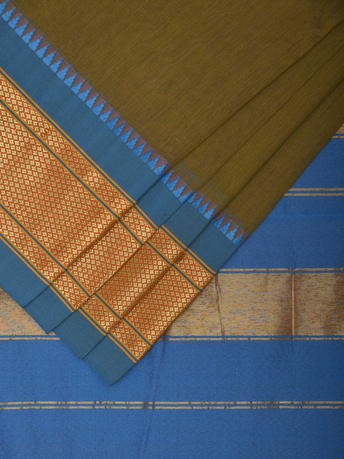 Olive and Blue Bamboo Cotton Plain Saree with Contrast Pallu & Zari Border Design No Blouse bc0314