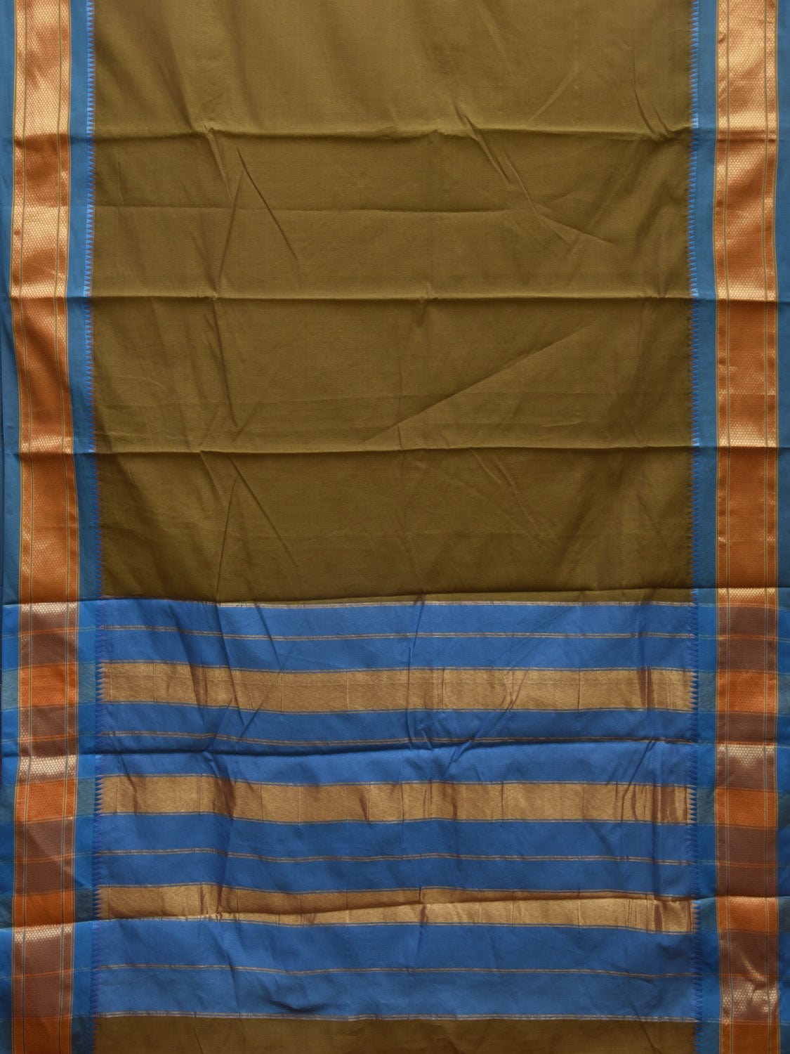 Olive and Blue Bamboo Cotton Plain Saree with Contrast Pallu & Zari Border Design No Blouse bc0314