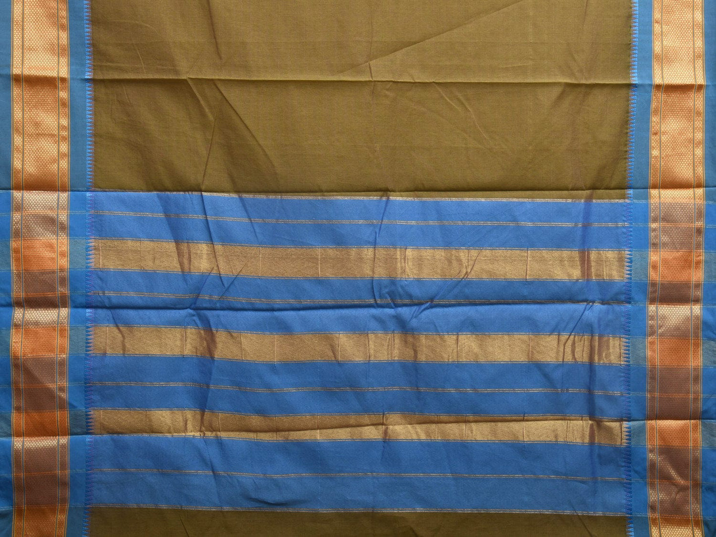 Olive and Blue Bamboo Cotton Plain Saree with Contrast Pallu & Zari Border Design No Blouse bc0314