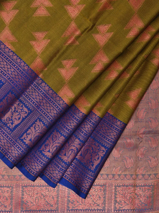 Olive and Blue Banaras Katan Silk Saree with Border and Body Butta Design b0050ds